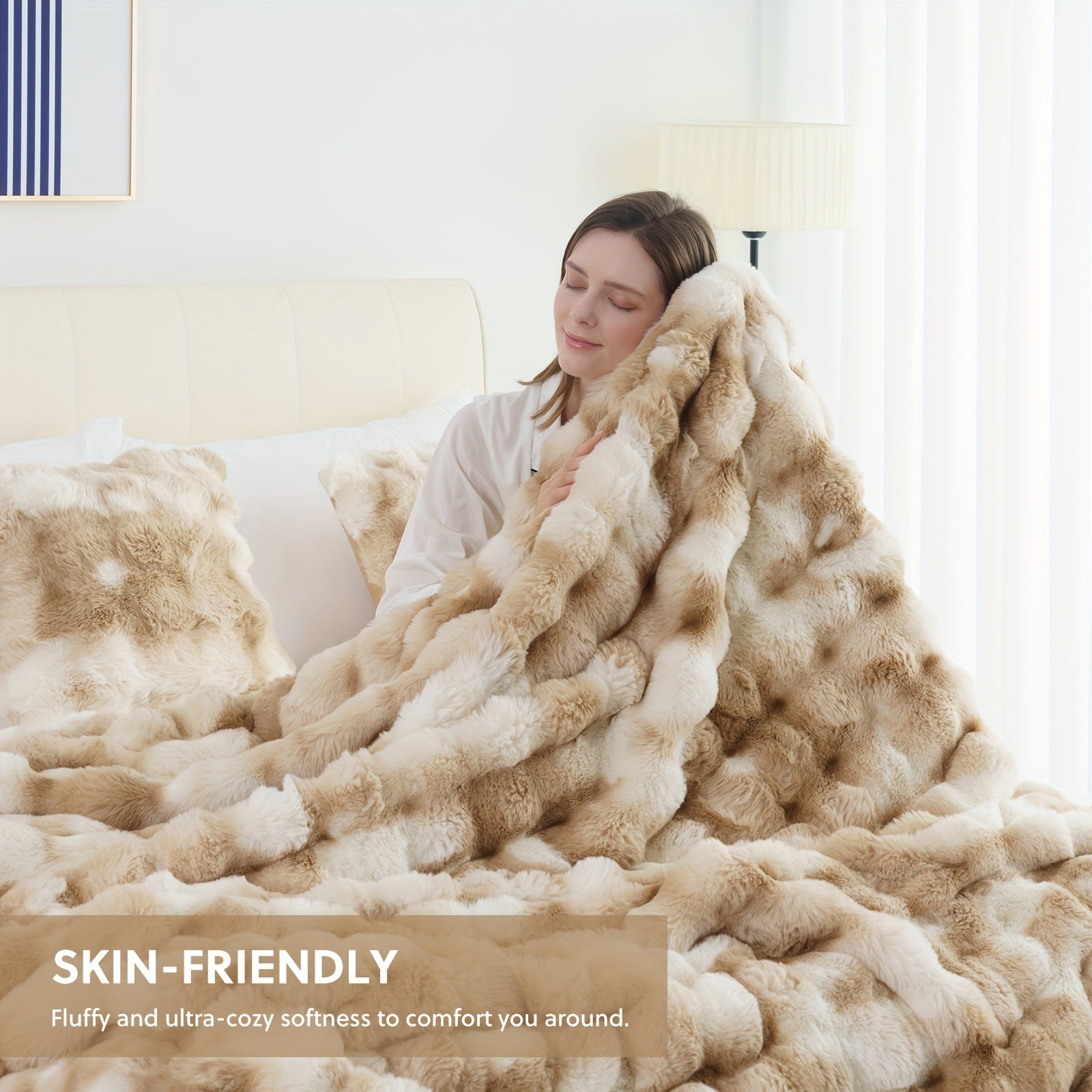 1PC Faux Rabbit Fur Queen Blanket For Bed, Thick & Warm Bed Blankets For Winter, Soft Cozy Fluffy Decorative Blankets For Living Room, Bedroom, Heavy Furry Luxury Blanket Gifts